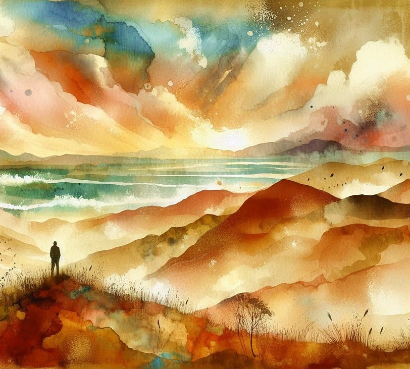 Watercolor painting of a figure standing on a hilltop overlooking the ocean at sunset
